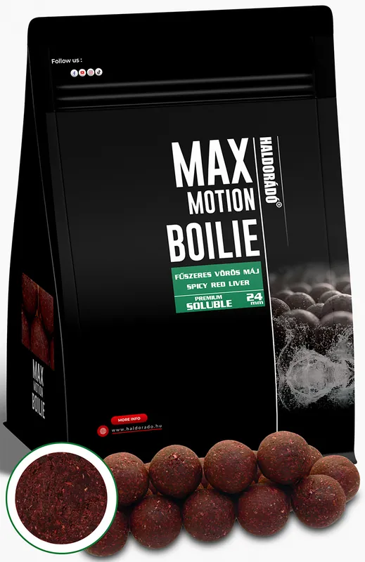 Hete Deal HALDORÁDÓ MAX MOTION Boilie Premium Soluble 24 mm - Fűszeres Vörös Máj