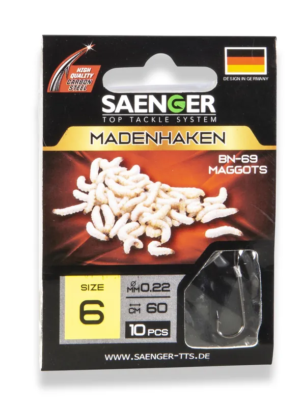 Gecertificeerd SAENGER Maggothook előkötött horog 8 / 60cm / 10db