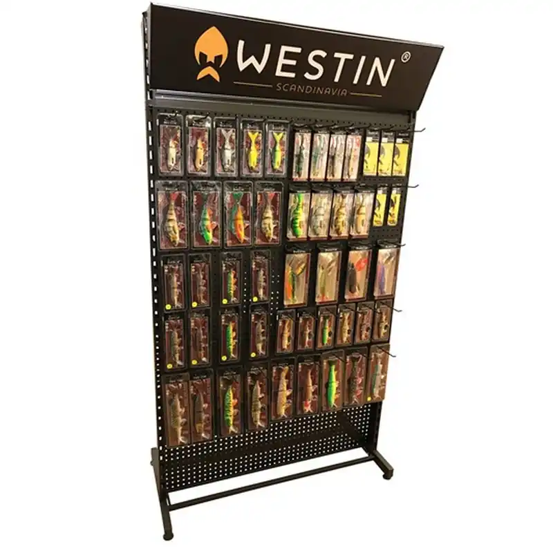 Populair WESTIN Kétoldalas állvány 4 kerékkel. Méret 113x54x200 cm, polc 30db dobozos csalinak + 60 db tüske