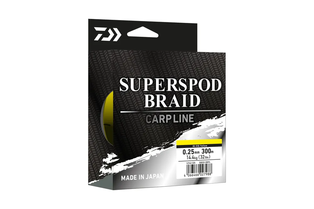 Gereduceerde Prijs Daiwa Superspod Braid hi-vis yellow, 0.25mm, 14.40kg, 300m